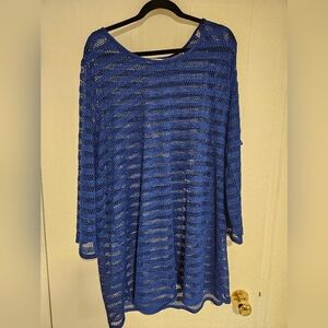 Womens Large long sleeve summer crochet dress blue fishnet oversized